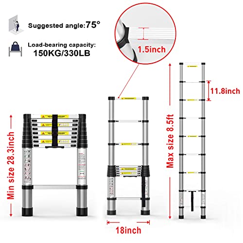 8.5 FT Aluminum Telescoping Ladder Collapsible Extension Ladder with Traceless Alu Tube Design Spring Loaded Locking Mechanism for Outdoor Indoor Use 330 Pound Capacity Black