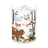 HUUMONSS Grande Cesta Porta Biancheria Bambini Animali Bosco Pieghevole Cestini Portaoggetti Giocattoli Vestiti per Bagno Cameretta, Orso, 63L