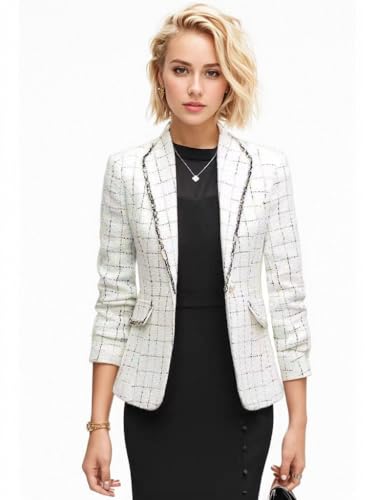 Women's Office Business Casual Lapel Collar Tweed Suit Jacket with Plaid Buttons and Pockets2