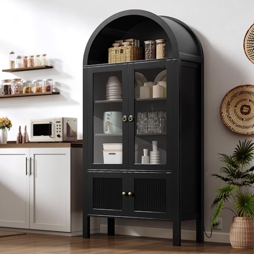 DWVO 71" Arched Cabinet Bookshelf Bookcase with LED Light/Wood Display Cabinet Cabinets with Tempered Glass Doors and Adjustable Shelves/Kitchen Pantry with Storage for Living Room, Dining Room-Black