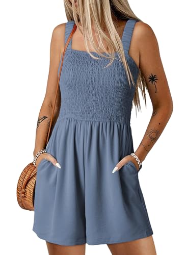 Dokotoo Loose Jumpsuits for Women Dusk Blue Wide Leg Overalls Sleeveless One Piece Short Pant Romper with Pockets 2026 Fashion Printed Large