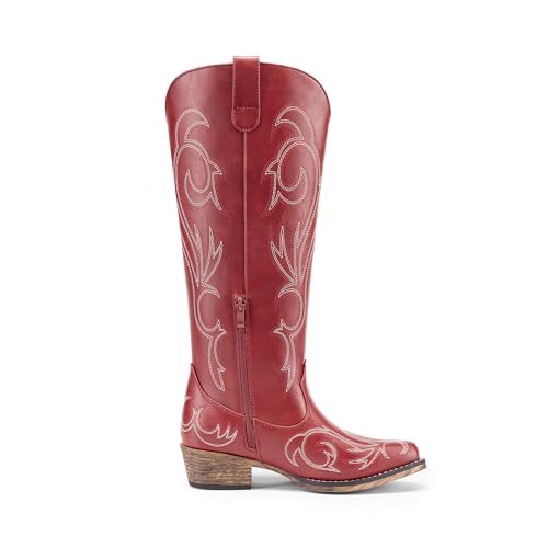 DREAM PAIRS Women's Cowboy Knee High Western Boots,Size 6.5,Red angle 8