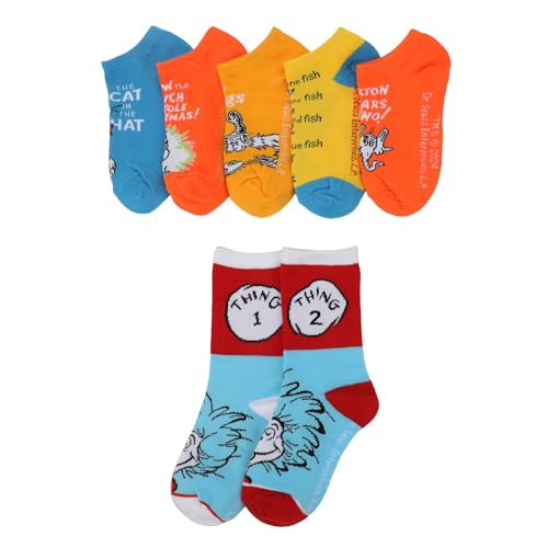 Bioworld Dr. Seuss Book Titles and Characters Kids Week Of Socks Box Set Crew and Ankle Mix And Match 7 Pairs
