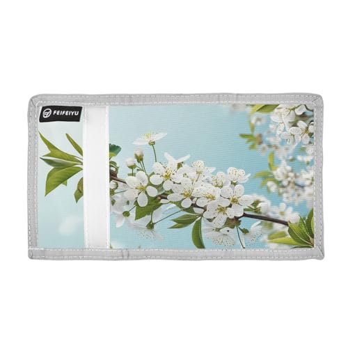 White Flowers Green Leaves Kids Wallet for Boys Girls Outdoor Sport Trifold Wallets for Teen Children Youth Wallet with Zippered Coin Pockets Card Holders Front Pocket Wallets with Magic Sticker