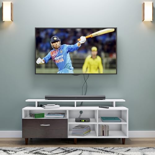 Image of VIKI Modern TV Unit for Living Room | Engineered Wood TV Cabinet with 1 Drawer Storage, 2 Open Shelves & Extension, Entertainment Unit, 140W x 48H x 40D cm | DIY | 1 Year Warranty (White & Wenge)