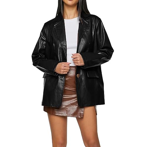 Chaqueta de motociclista de cuero para mujer, chaqueta bomber de cuero sintético a la moda con solapa convexa, bolsillos grandes, chaqueta casual para exteriores, chaqueta de manga clásica, cárdigan