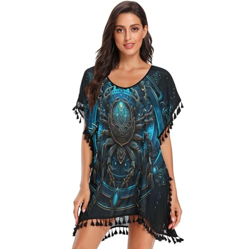 KAAVIYO Mystic Blue Dark Scorpion Women's Beach Cover Up Chiffon Tassel Swimwear Swimsuit Coverups for Girl