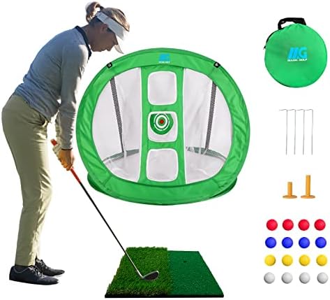 Golf Practice Chipping Net Pop up with Golf Hitting Mat & Golf Accessories for Accuracy/Swing Practice, Golf Training Aid Equipment - Dual Turf Hitting Mat & Practice Golf Balls & Ground Stakes