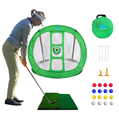 Golf Practice Chipping Net Pop Up With Golf Hitting Mat & Golf Accessories For Accuracy/Swing Practice, Golf Training Aid Equipment - Dual Turf Hitting Mat & Practice Golf Balls & Ground Stakes #TOP2
