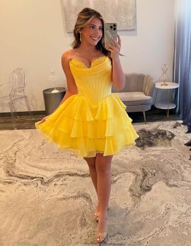 Tiered Ruffle Homecoming Dresses for Teens 2025 Short Strapless Corset Prom Cocktail Dress2