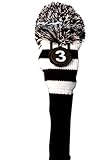 Majek #3 Hybrid Rescue Utility Black & White Golf Headcover Knit Pom Pom Retro Classic Vintage Head Cover