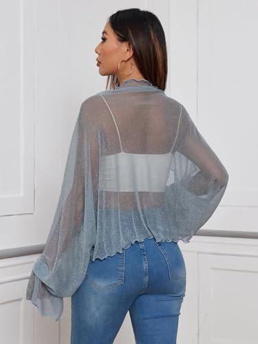 OYOANGLE Women's Glitter Long Sleeve Sheer Mesh Bolero Shrug Lightweight Open Front Cropped Cardigans2