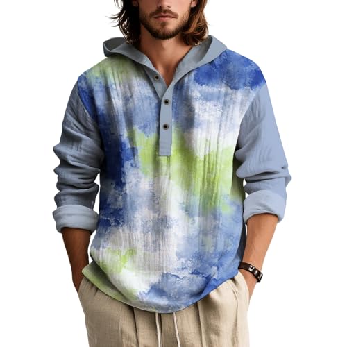 Mens Tie Dye Print Hoodies Long Sleeve Color Block Graphic Lightweight Shirts Casual Button Fall Fashion Pullover Tops