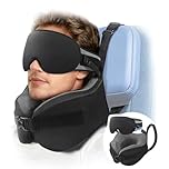 YFONG Travel Pillow for Long Flight Airplanes, Head Strap Combo with 3D Contoured Eye Mask for Sleep, Neck Pillow for Car Trip Essential, 360° Support Memory Foam Headrest, Prevent Head Bobbing, Black