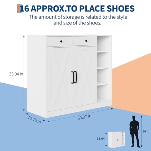 MilleLoom Farmhouse Shoe Cabinet with 2 Barn Doors & 2 Drawers, 4 Adjustable Shelves Shoe Storage Organizer Cabinet, Hooks & Open Storage for Hallway, Entryway, Mudroom, Closet, White by MilleLoom - Image 6