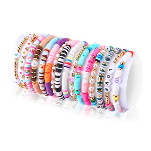 KINBOM 16 Piezas Pulseras Heishi, Preppy Pulseras Hechas a Mano Arcoíris Pulsera de Disc Bohemio...