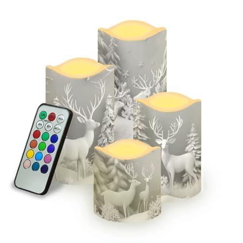 Image of Flameless Pillar Candles with Remote and Color Changing Christmas Decorations for Home Fake Battery Operated Candle Electric LED Lights Candles for Home Kitchen Deer Snow