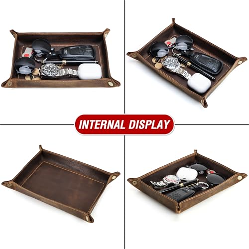 Top Grain Leather Desk Valet Tray Organizer for Man & Woman, Vintage Handmade, Foldable Flat Basket with Snap Buttons, Desk Catchall Holder for Wallet/Watches/Keys/Coins/Office Supplies, Coffee, Large by CataPurus - Used condition - Image 8