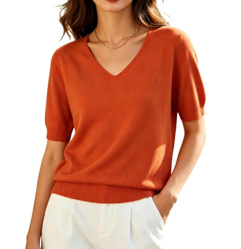Image of DAIMIDY Women's Short Sleeve Sweater V Neck Summer Knit Tops
