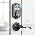 AkaGear DS10 Keyless Entry Door Lock with Handle - 2 Lever Handles, Fingerprint Door Lock, Keypad Deadbolt, 2 Keys, Code, Smart Locks for Front Door, Auto-Lock, Easy Installation - Matte Black