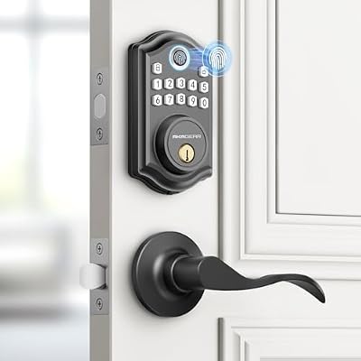 AkaGear DS10 Keyless Entry Door Lock with Handle - 2 Lever Handles, Fingerprint Door Lock, Keypad Deadbolt, 2 Keys, Code, Smart Locks for Front Door, Auto-Lock, Easy Installation - Matte Black