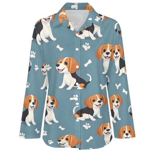 Langärmeliges Hemd mit Knopfleiste für Damen – niedliche Hunde-Blusen für Damen, elegant, lässiges Oberteil, Mehrfarbig, S