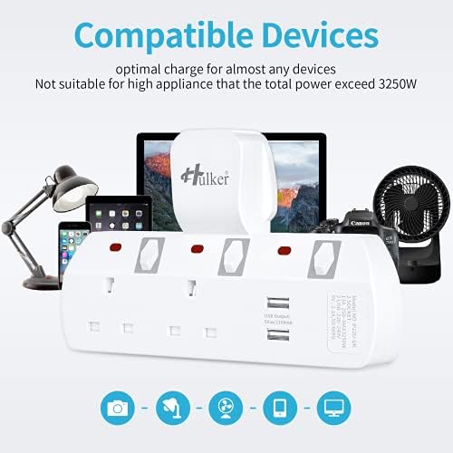 Hulker Plug Extension, Multi Plug Socket Extensions 2 Way with 2 USB, Short Circuit Protection Power Extension Adapter , USB Wall Socket Turn 1 into 4 Multi USB Plug Adaptor UK Socket No Power Cord