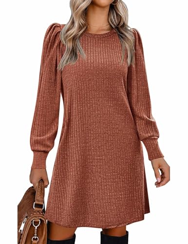 Zeagoo Womens Fall Dress Puff Long Sleeve Knit Dress Casual Lightweight Pullover T-Shirt Dress Tunic Dresses, Caramel XXL