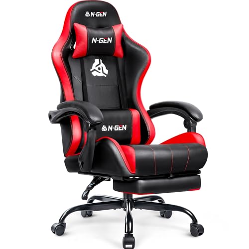 N-GEN GAMING Video Gaming Chair with Footrest Lumbar Support for Home Office High Back Recliner Height Adjustable Ergonomic Comfy Leather Computer Desk Chair (Red)