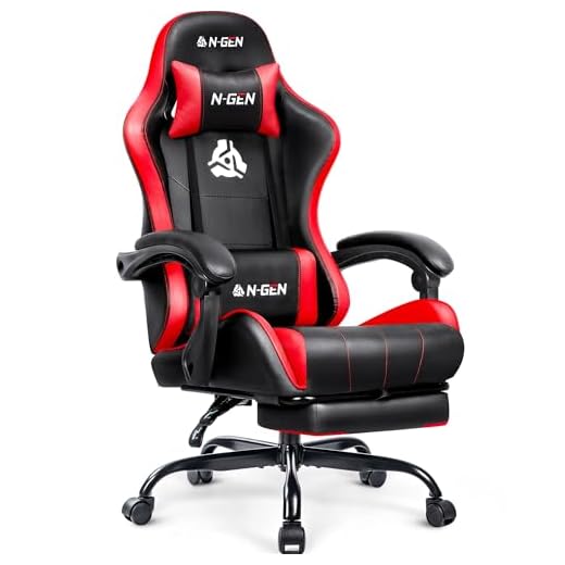 N-GEN GAMING Video Gaming Chair with Footrest Lumbar Support for Home Office High Back Recliner Height Adjustable Ergonomic Comfy Leather Computer Desk Chair (Red)