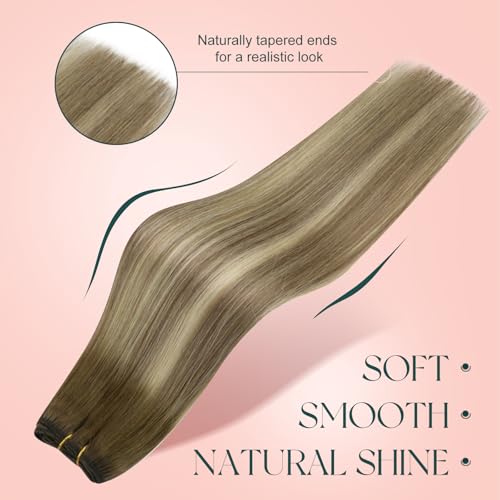 Image of Easyouth Weft Hair Extensions Balayage Hair Extensions Sew in Dark Brown to Light Brown Ombre with Blonde Soft and Smooth Weft Hair Extension Real Human Hair 18 Inch 100G