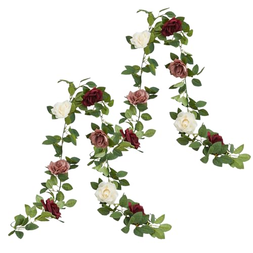 Carlita‘s Blooms Burgundy Artificial Rose Garlands Rose Vines Leaves Banners Hanging Floral Garland Fake Rose Flower Vine for Wedding Arch Ceremony Home Garden Outdoor Party Wall Decorations