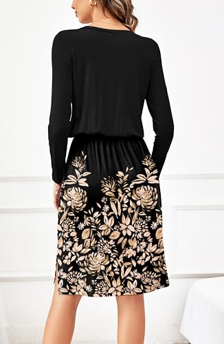 Image of Simier Fariry Women Fall Long Sleeve Pocket Casual Midi Knee Dress Gold Floral Black XXL