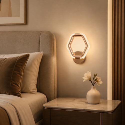 Image of fizzytech Crystal LED Wall Light, Modern Gold Finish Decorative Wall Lamp with 3 Colour Changing Modes for Living Room, Bedroom, Hallway & Home Decor (Hexagon, Pack of 1)