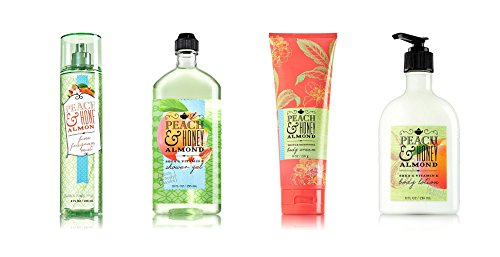 Bath & Body Works PEACH & HONEY ALMOND LG SET mist 8 oz, body cream 8 oz, shower gel 10 fl oz, body lotion 8 fl oz.