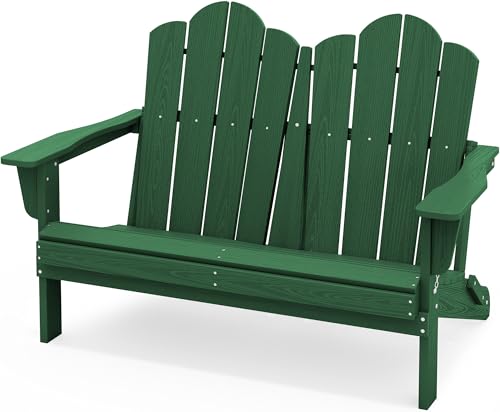 Image of SERWALL Folding Adirondack Bench, HDPE All-Weather Adirondack Loveseat, 660 lbs Capacity, Foldable Outdoor Patio Bench for Deck, Lawn, Garden, Green