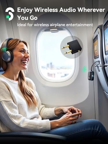 Image of SOOMFON Airplane Bluetooth 5.3 Transmitter for 2 Airpods or Headphones 2-in-1 Airplane Bluetooth Adapter Receiver with LCD Display 3.5mm for Plane Flying Gym Car Home Stereo System