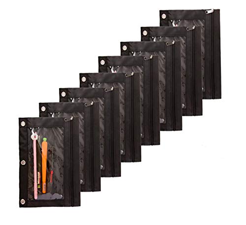 Zippered Binder Fabric Pencil Pouch 3 Rings With Clear Window For School Classroom Organizers 8 Pack (Black) #TOP4