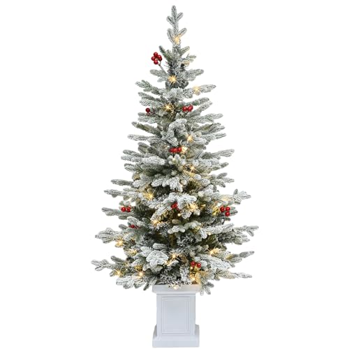 YITAHOME Sapin de Noël Artificiel préfabriqué avec éclairage, 140 cm, Fin, avec 11 Baies Rouges, 358 Branches mélangées PE/PVC et 100 LED Blanc Chaud pour décoration de Salon, Bureau