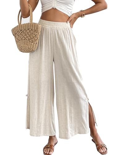 Women's Linen Capris Pants Slit Culottes Summer Wide Leg Split Crop Trouser Palazzo Pants