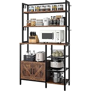 EnHomee 6-Tier Kitchen Bakers Rack with Hutch, Industrial Microwave Oven Stand with Shelves, Utility Storage Shelf with Cabinet & 8 Hooks, Hutch, Rustic Brown