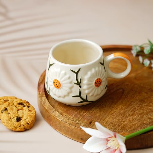 Image of Ceramic Coffee Mug with Sun Flower Design | Festive Pottery Tea Cup for Christmas & Winter | Aesthetic Decorative Mug for Gifting | Microwave & Dishwasher Safe
