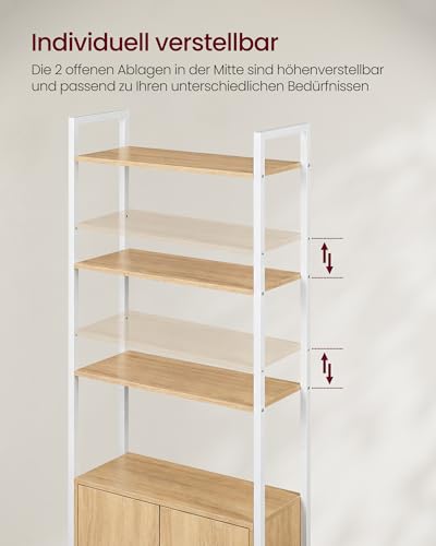 VASAGLE Bücherregal, 6 Ebenen, Regal, Standregal mit Türen, Metallrahmen, verstellbaren Ablagen, 24 x 60 x 159,5 cm, für Wohnzimmer, Schlafzimmer, goldeichenfarbe-mattweiß LLS133YA01