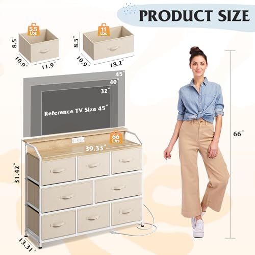 Image of WLIVE Led Dresser for Bedroom, TV Stand for Bedroom with LED Lights and Power Outlet, Wide Chest of Drawers for Hallway, 8 Fabric Drawers for Living Room and Entryway, Cream White