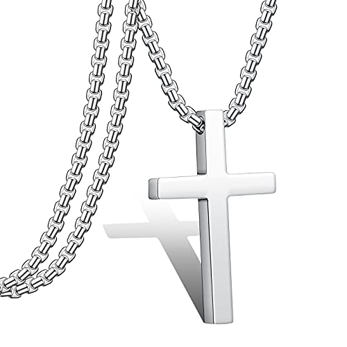 Cross Necklace for Men Cuban Link Curb Chain Cross Necklace Box Chain Choker Stainless Steel Charm Pendent Necklace Diagonal Design Cross Necklace Jewelry for Men Women, 20 Inch