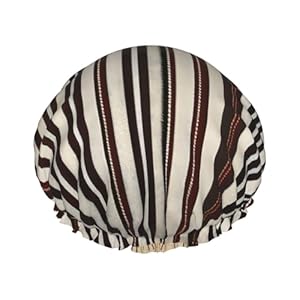 berbo Brown Stripe Double Layer Waterproof Shower Cap – Women’s Lightweight, Portable, Soft, Reusable Bath Accessory, Black