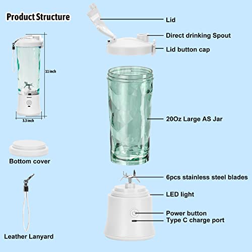 600ml Portable Blender USB Rechargeable, TOPESCT Waterproof Personal Blender for Shakes and Smoothies, 270W Strong Cutting Power with 6pcs 3D Blades for Travel, Office & Sports(White)