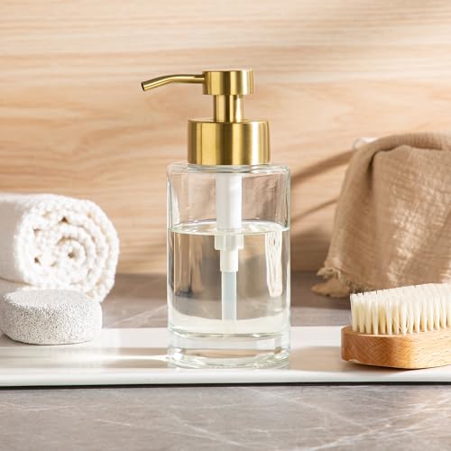 Image of Enra Glass Soap Dispenser, Clear Bottle Gold Pump Liquid Hand Soap | 12oz Clear Thick Glass Bottle With Stainless Steel Pump. Refillable Design Creates A Stylish Accent for Kitchens
