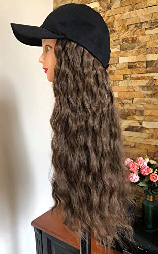 20" 22" 25" Long Synthetic Straight Wavy Curly Ombre Hooded Hat Hair Extensions Baseball Cap Wig for Women (20" Curly +Black Cap, Chocolate brown)