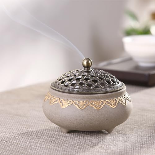 Keramik Weihrauchbrenner, Vintage Räuchergefäß, Räucherstäbchenhalter Halter Rund Chinesisch Porzellan Räucherschale mit Metall Deckel und Feuerfeste Matte für Home Deko Geschenk